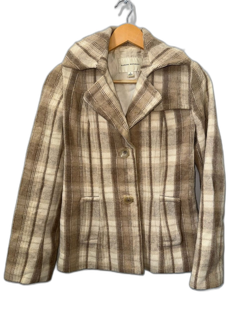 Banana Republic Women's Size Small Beige Plaid Wool Blend Jacket Pea Coat !